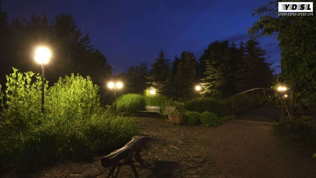 RGB outdoor lights with yellow light at night