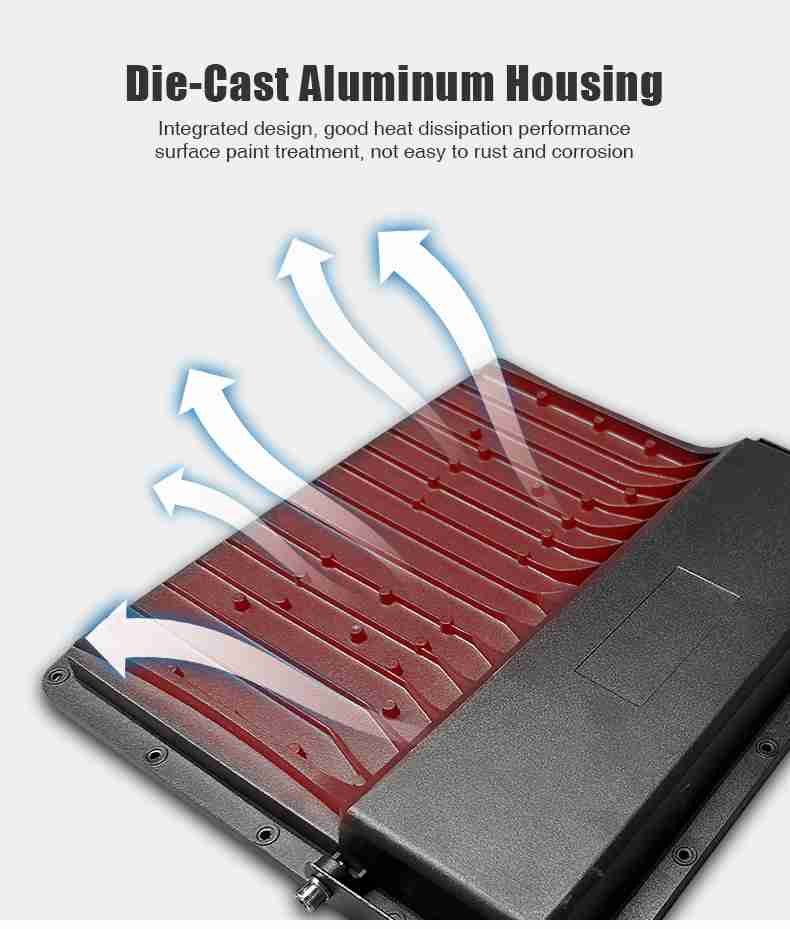 solar flood light remote uses strong material die-cast LED housing with good heat dissipation
